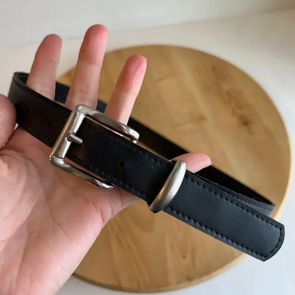 Vintage 90s Black Vegan Leather Silver Buckle Belt Size XS to Small